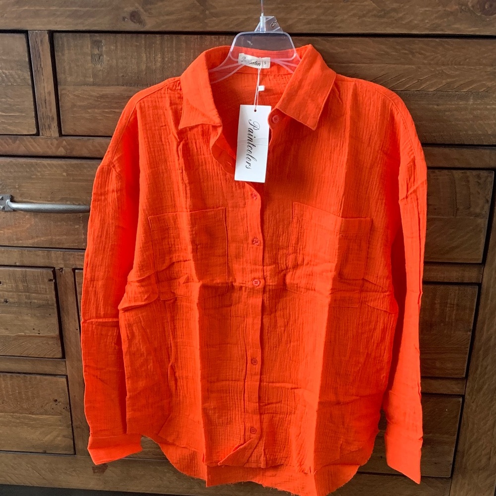 OVERSIZED Raw Edge Womens  Vibrant Orange Gauze Button-Down Shirt.
